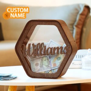 Custom Hexagonal Wood Piggy Bank with Name