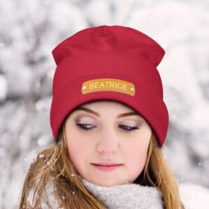 Custom Name Leather Patch Beanie Personalized Adult Winter Hat