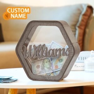 Custom Hexagonal Wood Piggy Bank with Name