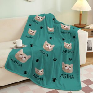 Custom Cat Face Blanket Cat Paws Personalized Pet Photo and Text Blanket