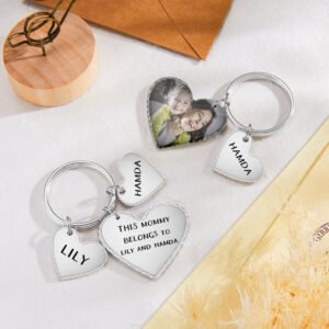 Custom Heart Photo Text Keychain with Small Heart Pendant Mother's Day Gifts