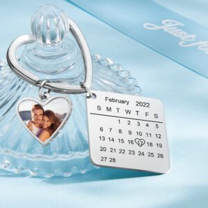 Custom Photo Calendar Keychain Heart Pendant Key Ring Save the Date for Couples