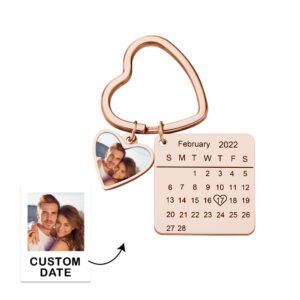 Custom Photo Calendar Keychain Heart Pendant Key Ring Save the Date for Couples