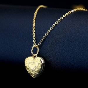 Embossed Printing Heart Photo Locket Necklace With Engraving 14k Gold Plated