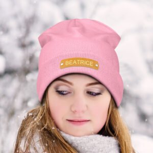 Custom Name Leather Patch Beanie Personalized Adult Winter Hat